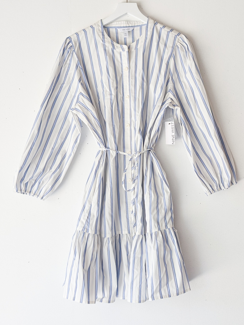 Nine West Blue And White Strip Shirt Dress Belted Button Up New Midi Size XXL